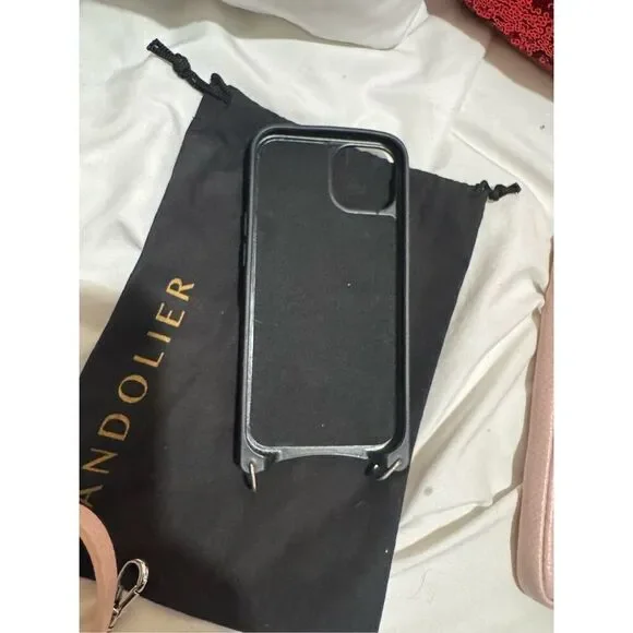 Bandolie donna iPhone 13 case & pink leather crossbody /belt/strap set w/pouch